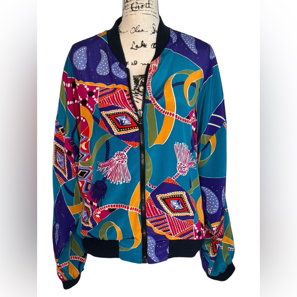 Bright Vintage Multicolor Geometric Bomber Jacket No Size Tag